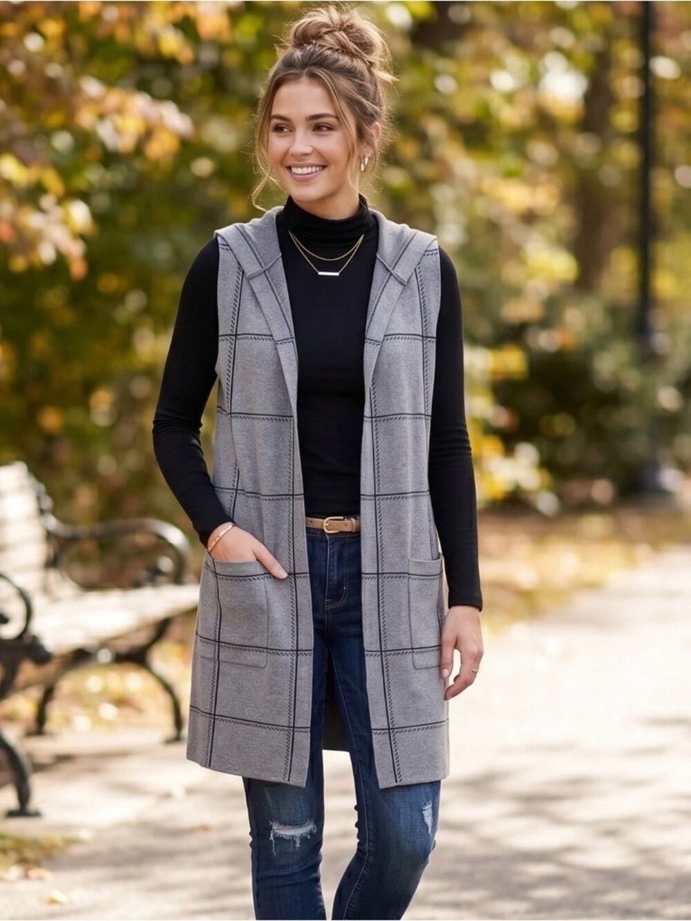 89th & Madison Plaid Open Sleeveless Vest Hooded Cardigan Sweater Medium NWT